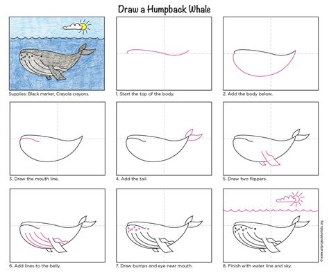 You may also acquire the skill of drawing a whale by watching our instructional video: 4. Drawing Tutorial for a simple whale. Step 1: First we draw the body of this giant whale. Step 2: Add a big tail to the whale. Step 3: Draw 2 fish fins. Step 4: Draw an eye for fish.